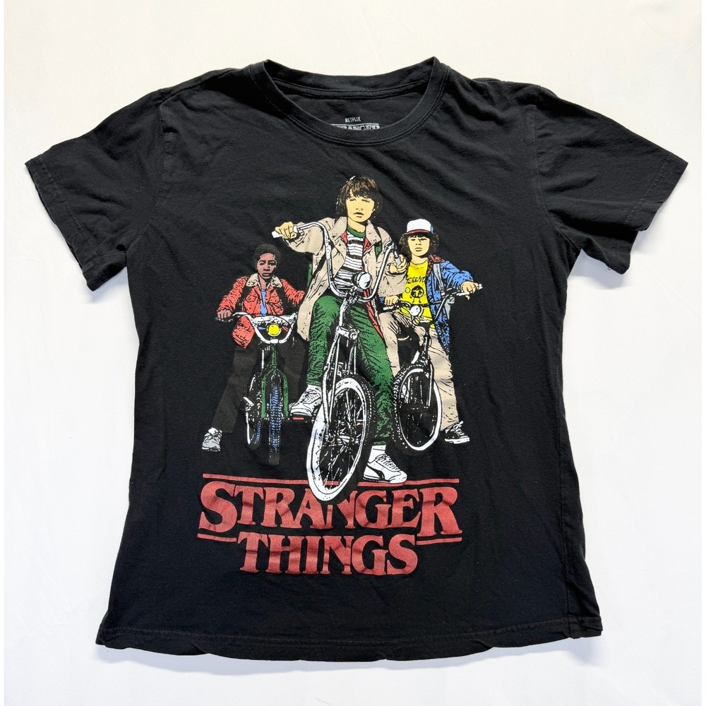 Netflix Stranger Things T Shirt Women L Black Graphic Mike Lucas Dustin Bicycles